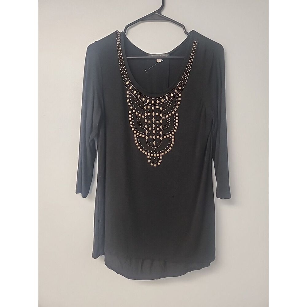 Rose & Olive Womens M Black Gold Beaded Studded Lightweight Tunic Top